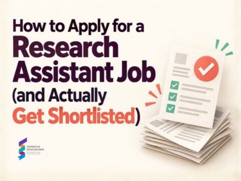 Cover image for a guide titled 'How to Apply for a Research Assistant Job (and Actually Get Shortlisted)' with a stack of documents featuring green checkmarks and a red checkmark stamp on the page bottom-right corner.