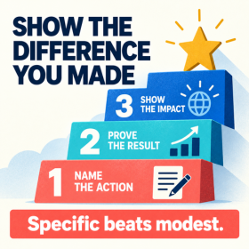 Its not just papers and grants Three rising blocks advise applicants to name the action, prove the result and show the impact. A banner reads “Specific beats modest”.