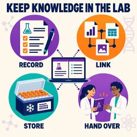 Keep Knowledge in the Lab Square infographic titled “Keep Knowledge in the Lab”, showing an electronic lab notebook connected to four actions: recording protocols, linking files, storing labelled samples and handing work to another researcher, so knowledge stays in the lab when a postdoc leaves.