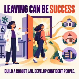 Leaving can be success Square infographic titled “Leaving Can Be Success”, showing a senior researcher supporting an early-career colleague as they leave the laboratory and follow paths towards academia, policy or industry.