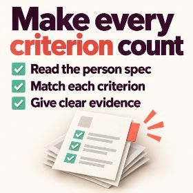 Infographic titled “Make every criterion count”: read the person spec, match each criterion and give clear evidence. A stack of applications features mint checklist ticks.