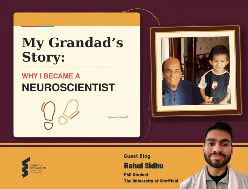 Cover graphic for the blog "My Grandad's Story: Why I Became a Neuroscientist" by Rahul Sidhu. On the left, a cream card on a dark maroon background carries the title in bold black serif type, with "WHY I BECAME A" in orange and "NEUROSCIENTIST" in bold black beneath it, alongside a simple orange and gold illustration of two footprints. On the right, a framed photograph in an ornate dark wood frame shows an older man with grey hair in a blue shirt sitting beside a young boy in a striped Nike top, both smiling at the camera. Along the bottom, a mustard yellow band carries the Dementia Researcher logo, the words "Guest Blog", and the author's name, Rahul Sidhu, PhD Student, The University of Sheffield, beside a photograph of him smiling in a white coat.