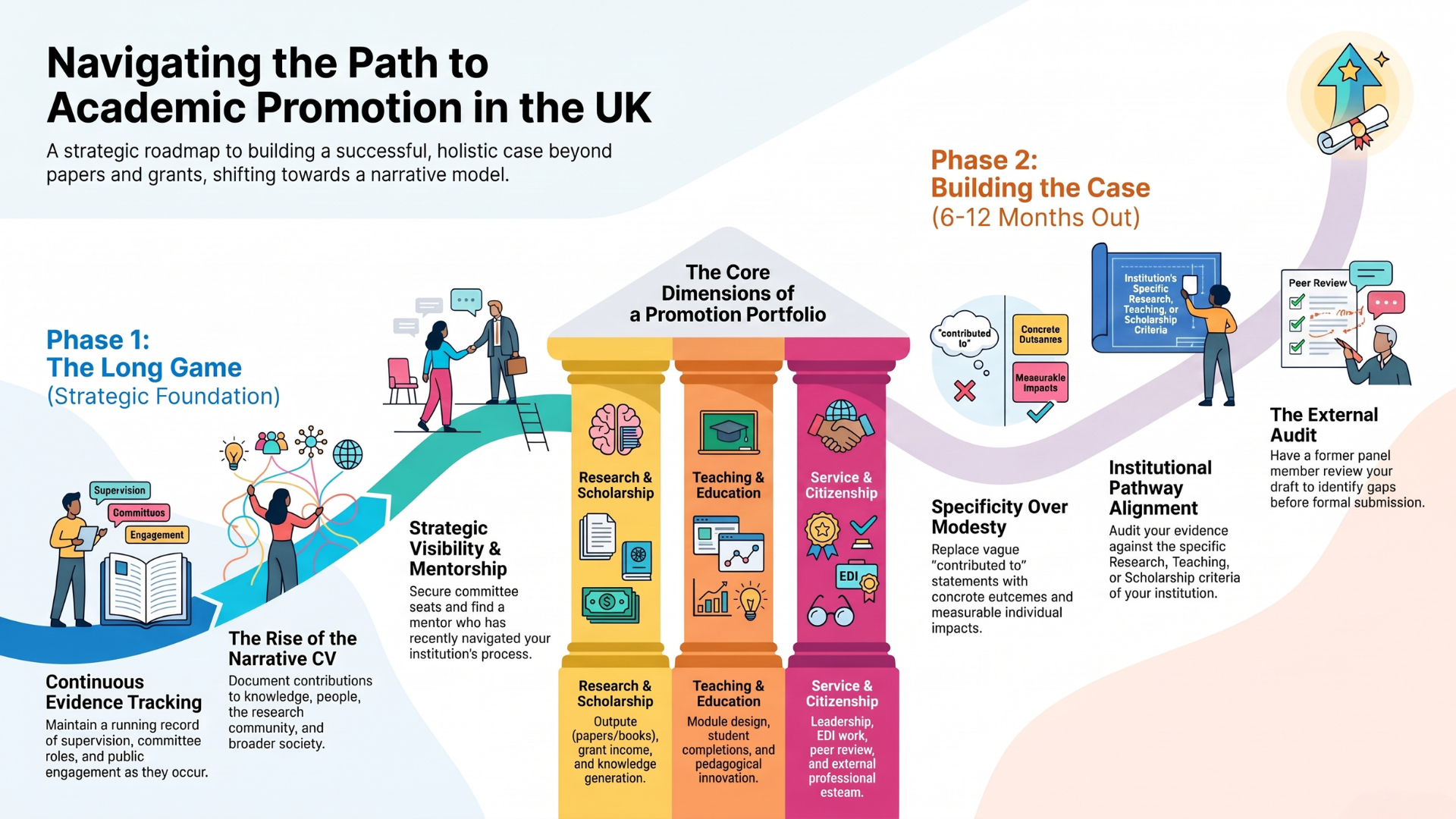 Navigating the Path to Academic Promotion in the UK Infographic timeline outlining the UK academic promotion path with Phase 1: The Long Game and Phase 2: Building the Case, plus core pillars of Research & Scholarship, Teaching & Education, and Service & Citizenship.