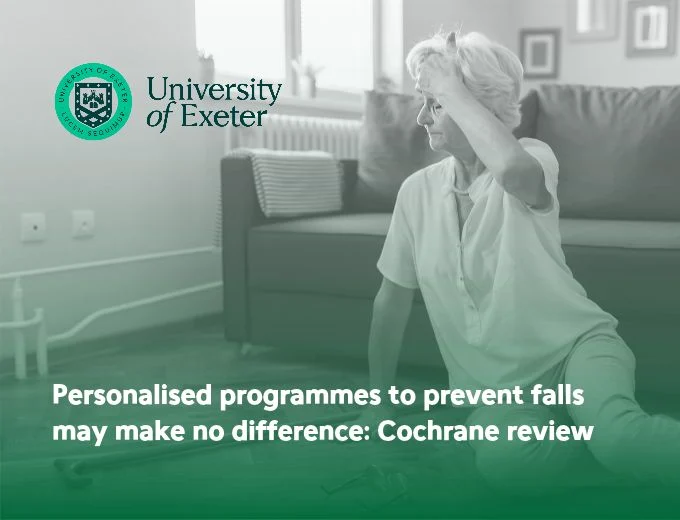 Older woman performing a home-based exercise for fall prevention; University of Exeter logo and headline about personalised programmes to prevent falls (Cochrane review).