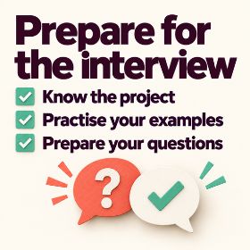 Checklist titled “Prepare for the interview”: know the project, practise your examples and prepare your questions. Coral and ivory speech bubbles contain a question mark and mint tick.