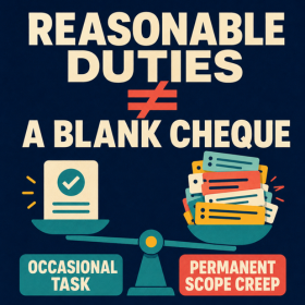 “Reasonable duties ≠ a blank cheque”. A balance compares one occasional task with an overflowing pile labelled permanent scope creep.