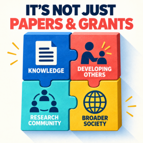Show the difference you made Four interlocking tiles represent knowledge, developing others, the research community and broader society beneath the heading “It's not just papers & grants”.