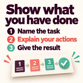 Infographic titled “Show what you have done”: name the task, explain your actions and give the result. Three numbered paper cards lead to a mint tick.