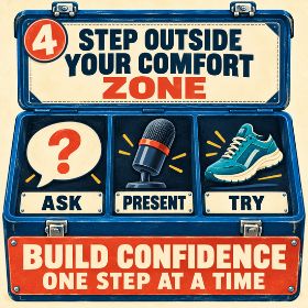 Step outside your comfort zone Illustrated blue toolbox containing a question mark, microphone and trainer, labelled ‘Ask’, ‘Present’ and ‘Try’. Text reads: ‘Step outside your comfort zone. Build confidence one step at a time.’