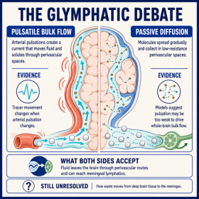 Square infographic comparing pulsatile bulk flow, illustrated with strong arrows driven by arterial pulsation, with passive diffusion, illustrated by particles gradually collecting in perivascular spaces. It highlights evidence for both explanations and the unresolved question of how waste moves from deep brain tissue to the meninges.