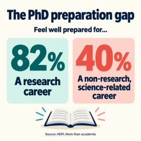 The PhD preparation gap Infographic comparing career preparation: 82% feel well prepared for a research career, versus 40% for a non-research, science-related career. Source: HEPI.