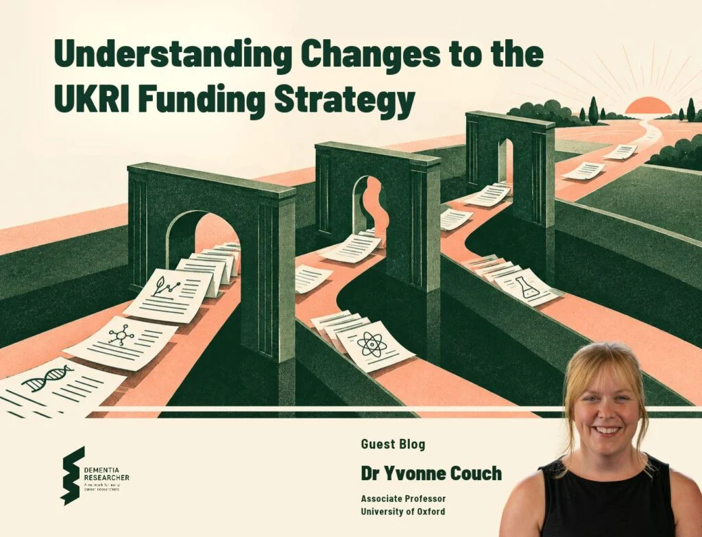 Understanding Changes to UKRI Funding Strategy blog by Dr Yvonne Couch 680 x 520 px Cover for Dr Yvonne Couch's guest blog "Understanding Changes to the UKRI grant review and UKRI Funding Strategy". Research papers marked with DNA, flask, leaf and network icons travel along orange paths through dark green arches towards a rising sun. Dementia Researcher logo bottom left; photo of Yvonne bottom right, captioned Associate Professor, University of Oxford.