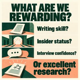 What are we rewarding Green and peach illustrations of a written proposal, institutional archway, speech bubbles and research diagram. Text asks: “What are we rewarding? Writing skill? Insider status? Interview confidence? Or excellent research?”