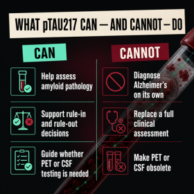What pTau217 can and cannot do Square infographic on a black and burgundy background with a diagonal blood-sample tube. Two columns explain that pTau217 can help assess amyloid pathology, support rule-in and rule-out decisions, and guide PET or CSF testing. It cannot diagnose Alzheimer’s on its own, replace a full clinical assessment, or make PET or CSF obsolete.
