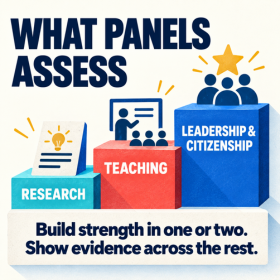 What panels assess A three-step path towards an academic chair: track evidence years before applying, map the criteria six to twelve months ahead, and get feedback before submission.