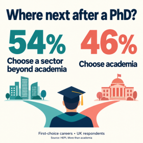 Where next after a PhD Infographic showing doctoral researchers’ first-choice careers: 54% favour sectors beyond academia and 46% favour academia. A graduate faces two branching paths. Source: HEPI.