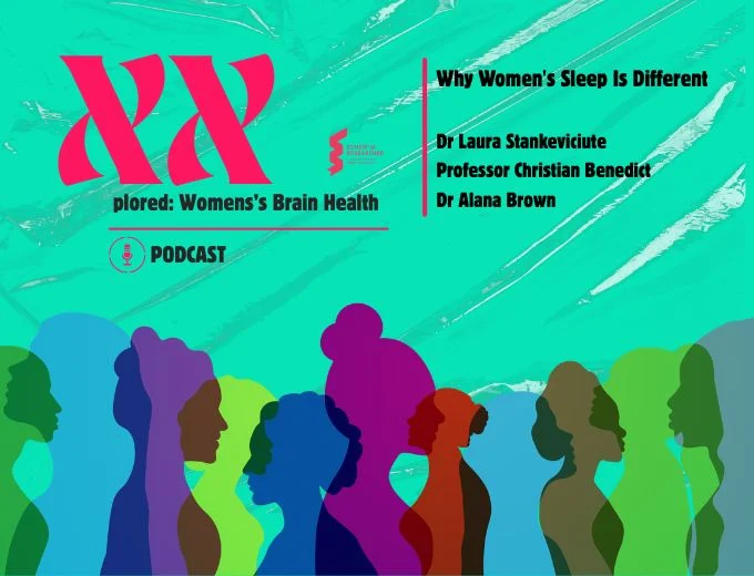 XXplored: Women's Brain Health podcast cover for the episode on women's sleep, the menstrual cycle and brain health, with Dr Laura Stankeviciute, Professor Christian Benedict and Dr Alana Brown.