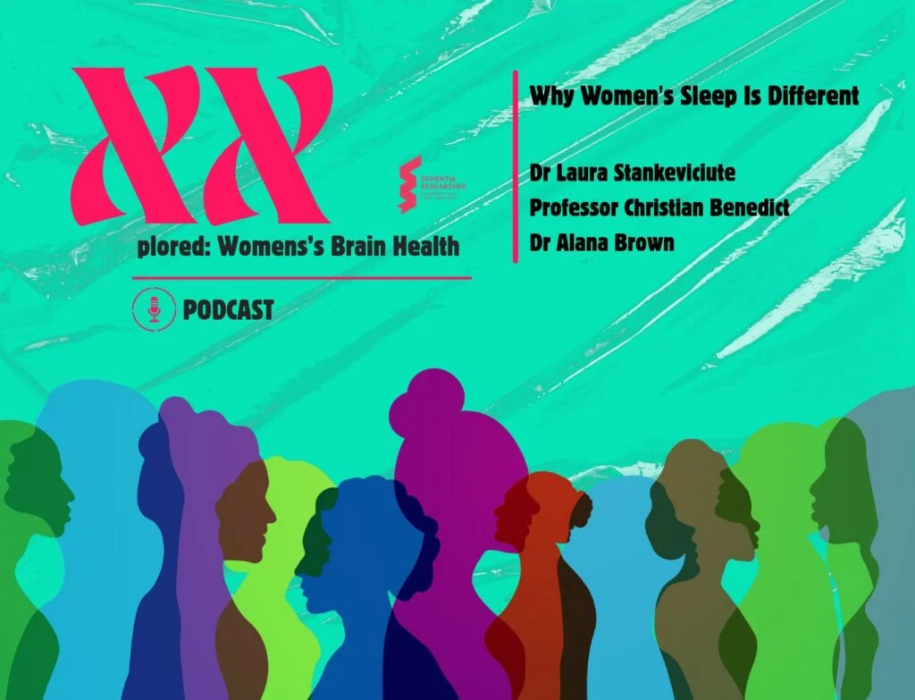 XXplored_ Why Womens Sleep Is Different XXplored: Women's Brain Health podcast cover for the episode on women's sleep, the menstrual cycle and brain health, with Dr Laura Stankeviciute, Professor Christian Benedict and Dr Alana Brown.