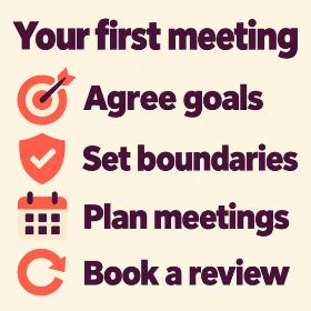 Your first meeting how to be a good mentor - Infographic titled “Your first meeting”, with target, shield, calendar and review icons. Four prompts read: “Agree goals. Set boundaries. Plan meetings. Book a review.”