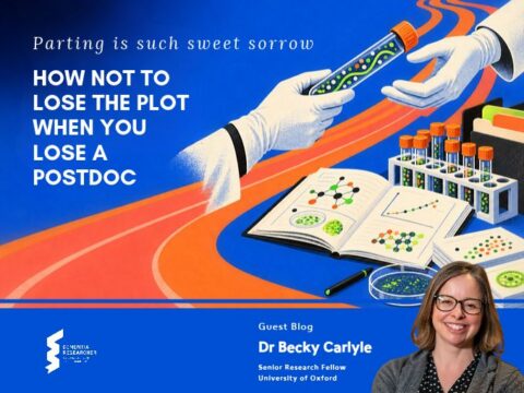 Blog banner for Dr Becky Carlyle on how not to lose the plot when a postdoc leaves your lab, with a lab scene and her portrait in the corner.