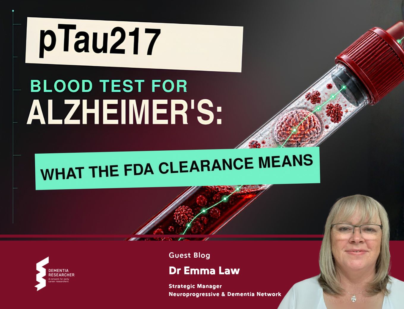 Blog graphic about pTau217 blood test for Alzheimer's, with 'What the FDA clearance means' and Dr Emma Law photo.