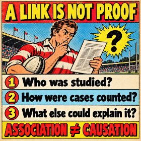 A link is not proof A vintage comic shows a rugby player reading a paper beside a question mark. Text reads: “A link is not proof. 1 Who was studied? 2 How were cases counted? 3 What else could explain it? Association does not equal causation.”