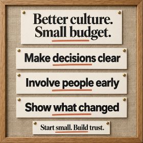 An oak-framed linen noticeboard on research culture headed “Better culture. Small budget.” Three ivory cards read “Make decisions clear”, “Involve people early” and “Show what changed”. A final card says “Start small. Build trust.” Bold charcoal text is accented with terracotta underlines.