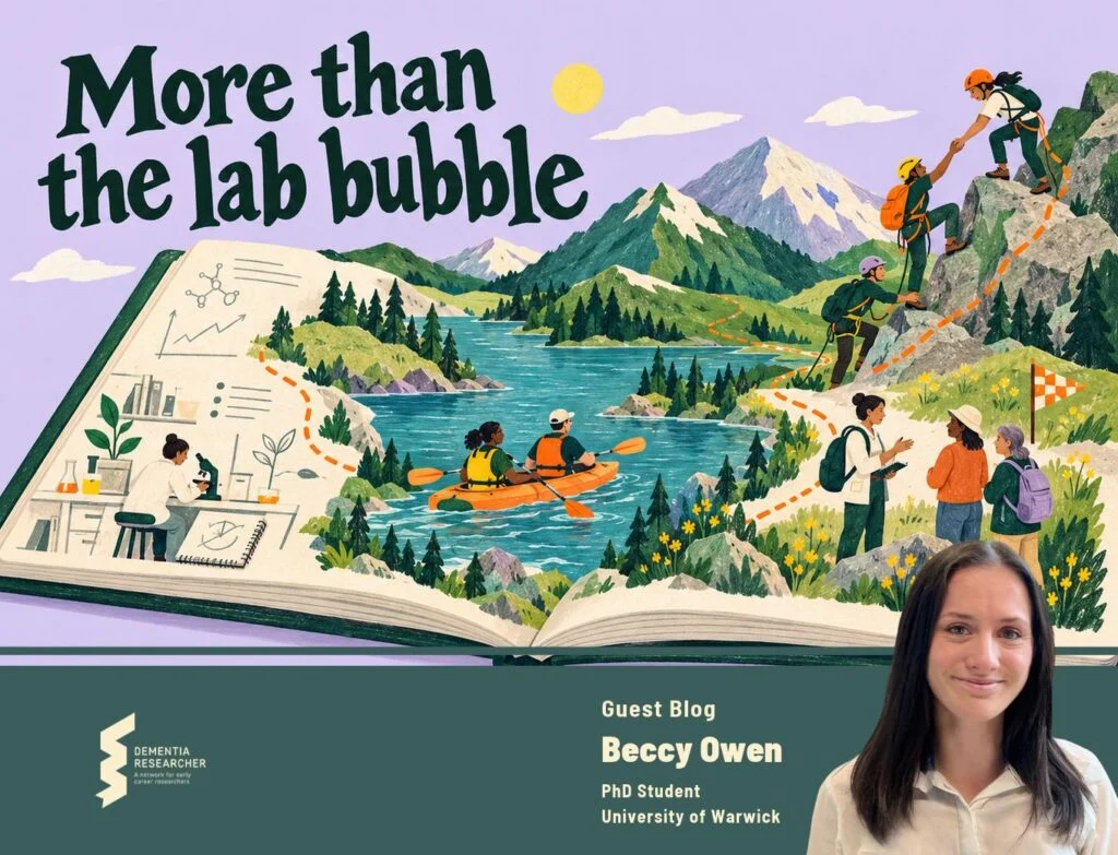 Illustration of an open book whose pages become a landscape. A scientist works at a lab bench with a microscope, an orange trail leads past two people kayaking on a lake, climbers help each other up a rock face, and three hikers with a map stand by a chequered flag. The title reads “More than the lab bubble”, with a photo of Beccy Owen and the Dementia Researcher logo.