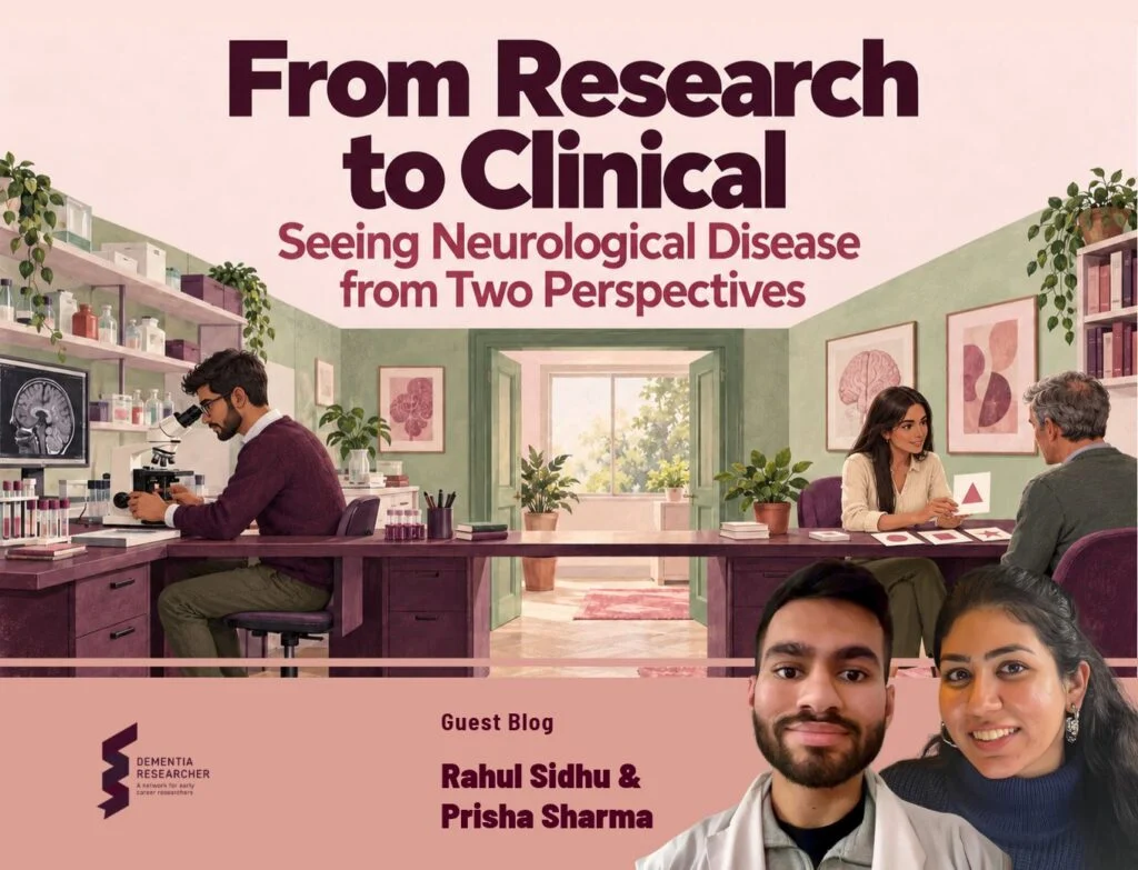 Cover graphic for the guest blog “From Research to Clinical: Seeing Neurological Disease from Two Perspectives”. It shows an illustrated room split in two around an open green door. On the left, a young man in a maroon jumper looks down a microscope in a lab, with a brain scan on a monitor and test tubes on the shelves. On the right, a young woman sits at a desk showing shape cards to an older man during a cognitive assessment, with brain artwork on the walls. A pink band along the bottom carries the Dementia Researcher logo, the words “Guest Blog” and the authors’ names, Rahul Sidhu and Prisha Sharma, beside photographs of them both smiling.