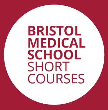Logo in circle Bristol Medical School Short Courses logo inside a white circle on a red background.