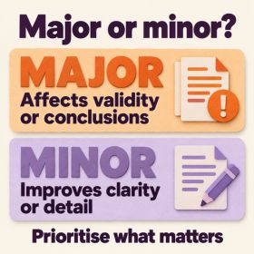 Major or minor Two stacked cards compare review issues. Major: affects validity or conclusions. Minor: improves clarity or detail. A closing line says: “Prioritise what matters.”