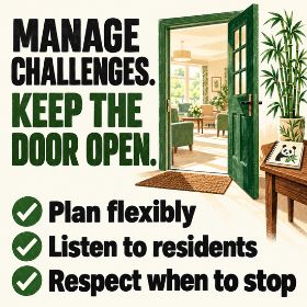 Green, black and cream infographic showing care home research - an open door into a welcoming care home lounge, with bamboo and a panda notebook beside it. Text reads: “Manage challenges. Keep the door open. Plan flexibly. Listen to residents. Respect when to stop.”