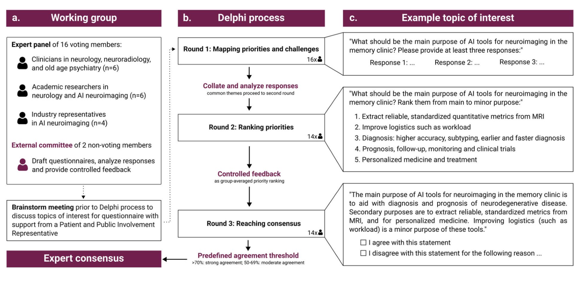 Overview of the Delphi process used to establish expert consensus on the development and use of AI tools for neuroimaging in memory clinics 1920 x 940 px Flowchart of the three-round Delphi process used to reach expert consensus on AI neuroimaging tools in memory clinics, from a 16-member expert panel through ranking and controlled feedback to agreed statements