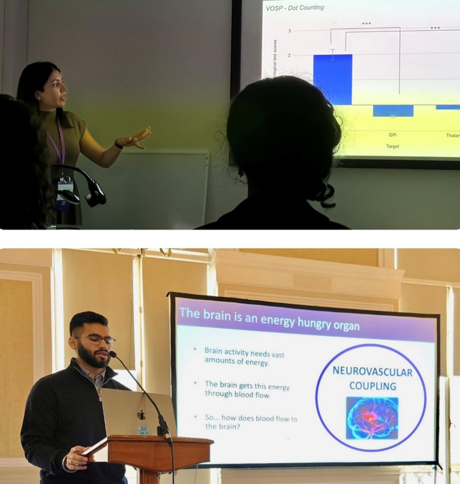 Prisha Sharma and Rahul Sidhu presenting their research Two photos stacked: at the top, Prisha Sharma presenting a slide with a bar chart of cognitive test scores; below, Rahul Sidhu speaking at a lectern beside a slide reading'The brain is an energy hungry organ'.