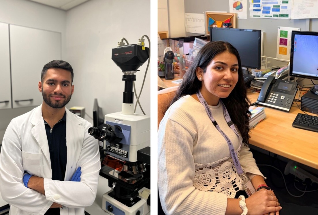 Rahul Sidhu in the lab and Prisha Sharma at work Side-by-side photos: on the left, Rahul Sidhu in a white lab coat with arms folded beside a microscope; on the right, Prisha Sharma smiling at her desk in a clinical office.
