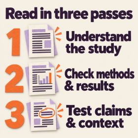 Read in three passes Three numbered reading passes, illustrated with manuscripts: 1, understand the study; 2, check methods and results; 3, test claims and context.