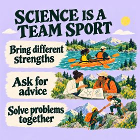 Science is a team sport Illustrated infographic showing kayakers, people discussing a notebook and climbers helping each other. Three messages: bring different strengths, ask for advice and solve problems together.