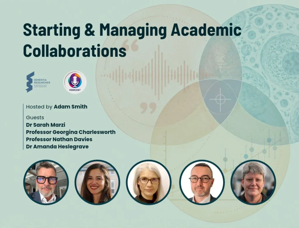 Cover art for the Dementia Researcher vodcast on starting and managing academic collaborations, hosted by Adam Smith with guests Dr Sarah Marzi, Prof Georgina Charlesworth, Prof Nathan Davies and Dr Amanda Heslegrave, shown as five circular headshots over overlapping translucent circles.