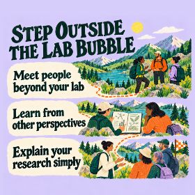 Step outside the lab bubble Illustrated infographic showing hikers meeting, sharing a research notebook and talking with others. Three messages: meet people beyond your lab, learn from other perspectives and explain your research simply.