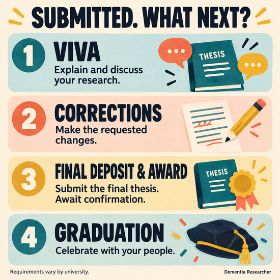Submitted your PhD what next Four stages after PhD submission: discuss your research at the viva; make requested corrections; deposit the final thesis and await award confirmation; celebrate at graduation. Requirements vary by university.