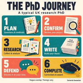 The PhD Journey Six illustrated stages of a PhD: plan questions and methods; confirm your project; collect and analyse research; write your thesis; defend it at your viva; complete corrections and receive the award.